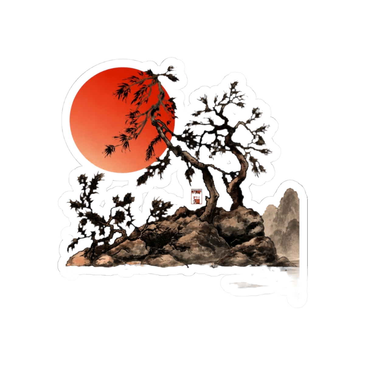 Japanese pine trees under a red rising sun